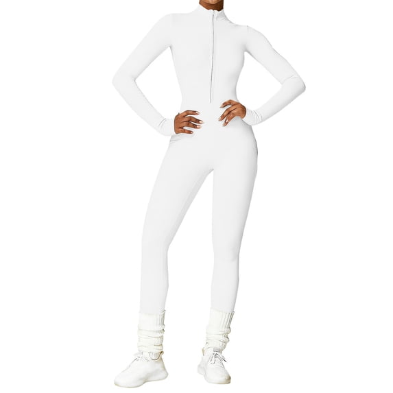 NMMUED Womens Long Sleeve Workout Jumpsuit Zip Up Yoga Romperstummy Control One Piece Bodycon Bottom Pants White M