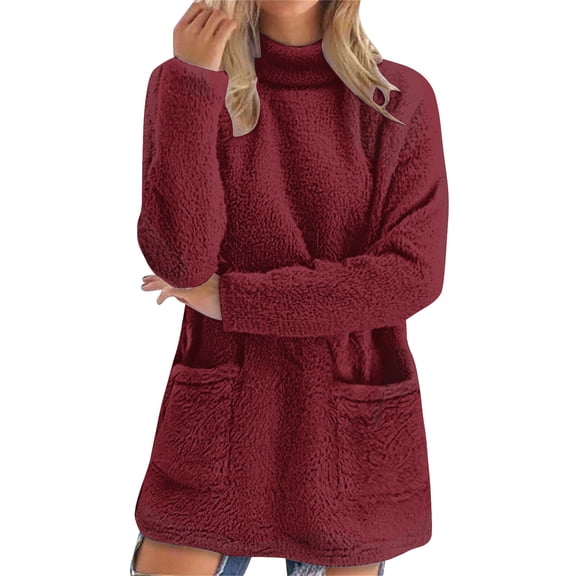 NMMUED Womens Sherpa Pullover Mockneck Sweatshirt Women Baggy Sweatshirt Fuzzy Top Turtle Neck Sweatshirts Women Winter Tops for Women Plain Sweatshirt Women Hot Pink XXL