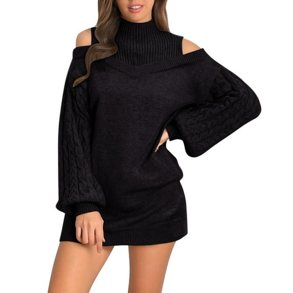 NMMUED Womens Sweater Dress Mini Sweater Dress Womens Sweaters Dressy Casual Cold Shoulder Sweater Dress Mock Neck Sweater Dress Winter Dresses for Women Long Sleeve Sweater Dress Black 3XL
