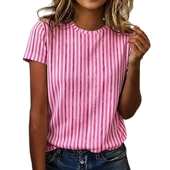 NMMUED Womens Tops Casual Summer T Shirts Striped Shirts for Women Short Sleeve Crew Neck Basic Tees Loose Fit Blouses Trendy Everyday Wear Work Office Outfits Hot Pink L