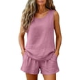 thumbnail image 1 of NMMUED Womens Two Piece Short Sets Cotton Linen Summer Round Neck Sleeveless Tank Tops Elastic Waist Shorts with Pockets Linen Clothes Hot Pink XXL, 1 of 8