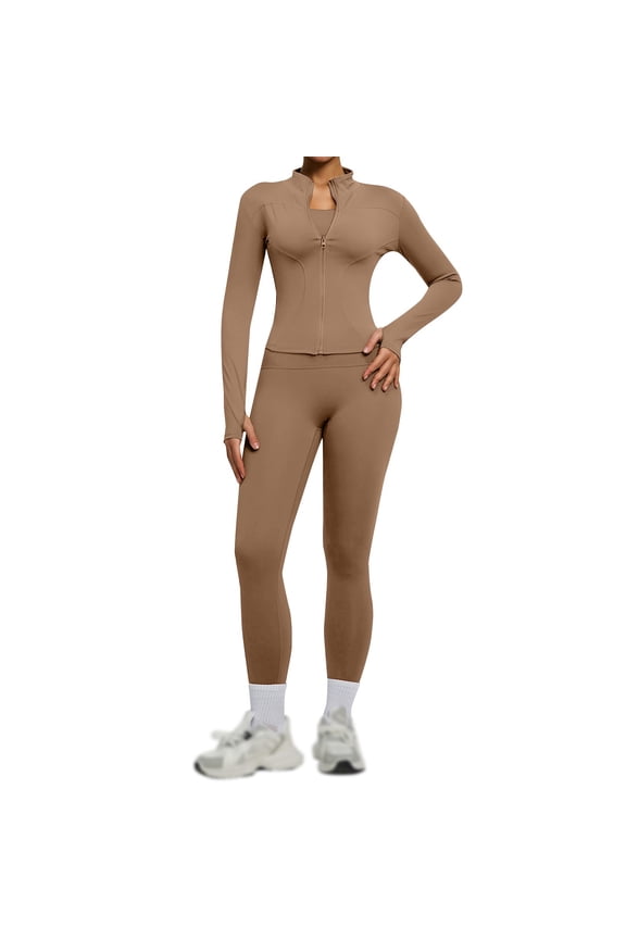 Womens Two Piece Tracksuit Set Long Sleeve Zipper Jacket with Athletic High Waist Leggings Workout Outfit Khaki M