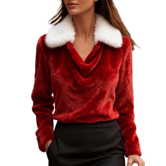 NMMUED Womens Winter Tops Fuzzy Tops for Women Cowl Neck Tops for Women Fluffy Top Womens Long Sleeve Shirts Womens Collared Shirt Going Out Tops for Women Brick Red M