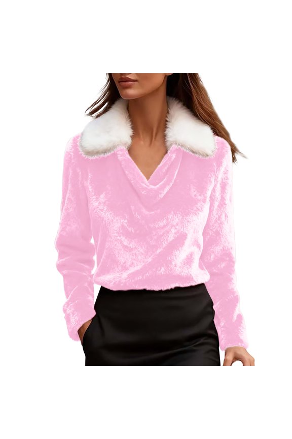 Womens Winter Tops Fuzzy Tops for Women Cowl Neck Top Fluffy Top Womens Long Sleeve Tops Womens Collared Shirt Elegant Tops for Women Pink XL