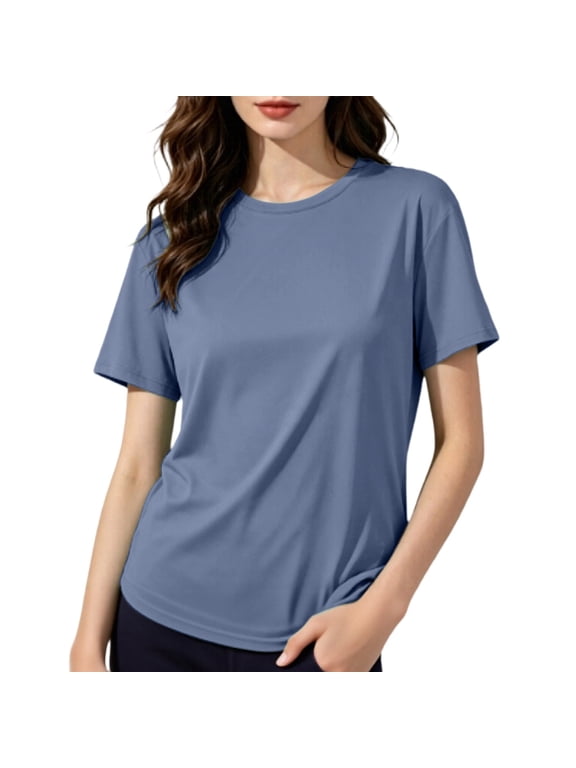 Workout Shirts for Women Mesh Cooling Ice Silk Tops Short Sleeve Quick Dry Athletic Activewear Breathable Crew Neck Gym Yoga Running Basic Tees Everyday Wear Dark Blue M