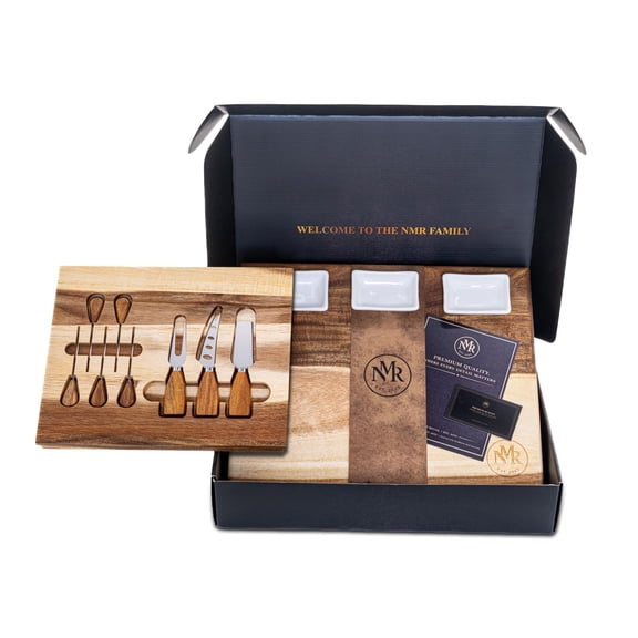 NMR Charcuterie Board Set, Premium Acacia Wood Cheese Board with Hidden Drawer, Knife Set & 3 Ceramic Bowls, Large Serving Board for Meat, Cheese & Entertaining