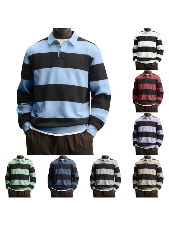 Mens Color Block Stripes Sweatshirts Henley Long Sleeve Shirts Button Lapel Collar Pullover Tops Lightweight Casual Sweatshirt Loose Drop Shoulder Pullovers