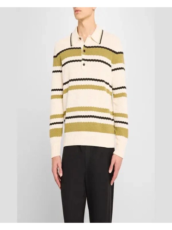 NN.07 Alfie Pointelle Knit Polo Shirt Men's M Ivory Multi Striped Button Closure
