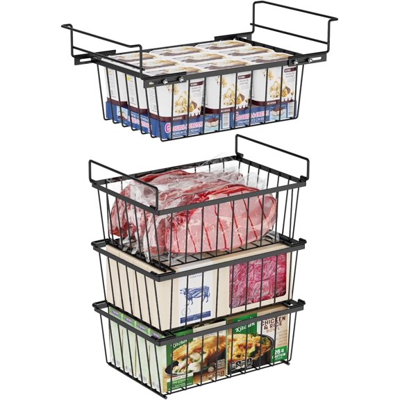 NN Freezer Organizer Bins - 17.5" Length Fit 5 Cu.FT Chest Freezer, 1 Expandable Hanging Bin & 3 Pack Stackable Deep Freezer Organizer, Sort and Get Frozen Food Easily with Handle, 4 Pack Black