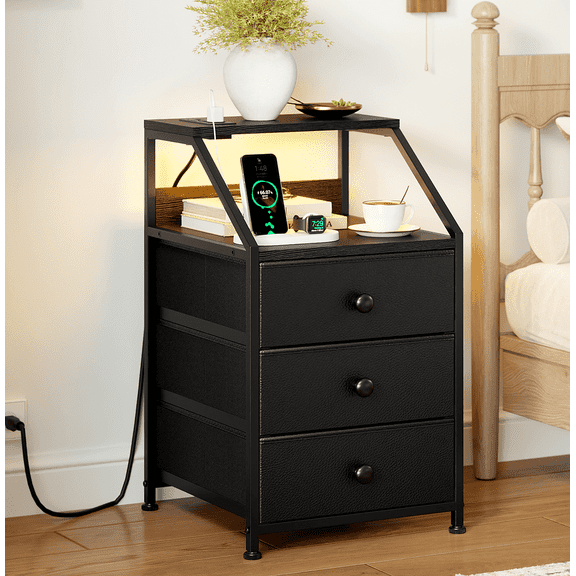 GUNAITO Led Nightstand with Charging Station Side Table with 3 Drawers End Table with Open Shelf Bedside Table with USB Ports and Outlets Nightstand for Bedroom,Black