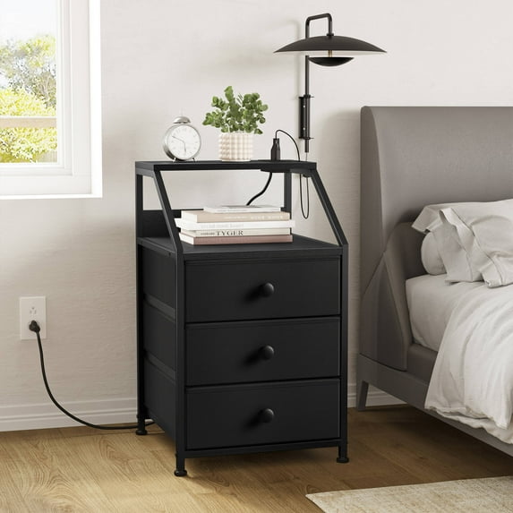 GUNAITO Nightstand with Charging Station Side Table with 3 Drawers End Table with Open Shelf Bedside Table with USB Ports and Outlets Nightstand for Bedroom 1pc Black