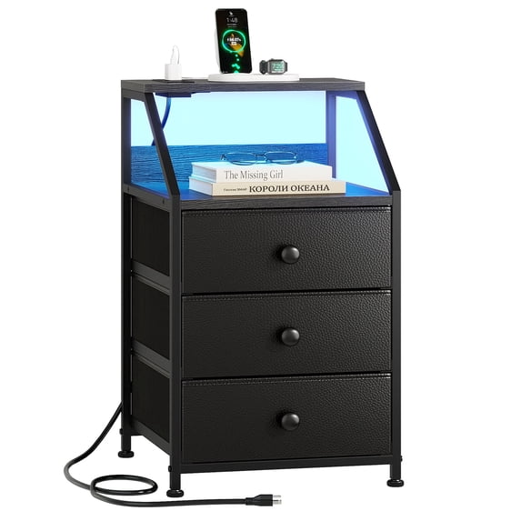 GUNAITO Led Nightstand with Charging Station Side Table with 3 Drawers End Table with Open Shelf Bedside Table with USB Ports and Outlets Nightstand for Bedroom,Black
