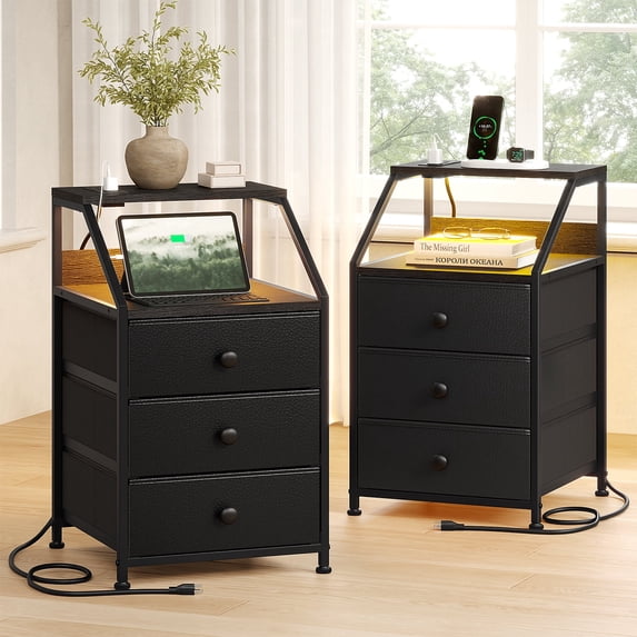 GUNAITO Led Nightstand Set of 2 with Charging Station Side Table with 3 Drawers End Table with Open Shelf Bedside Table with USB Ports and Outlets Nightstand for Bedroom,Black