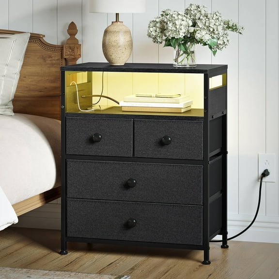 GUNAITO Led Nightstand with 4 Drawers Bedside Table with Charging Station Wide End Table with Storage Shelf for Living Room,Gray