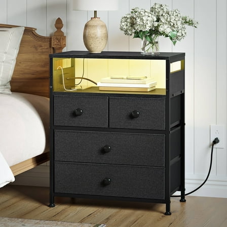 GUNAITO Led Nightstand with 4 Drawers Bedside Table with Charging Station Wide End Table with Storage Shelf for Living Room,Gray