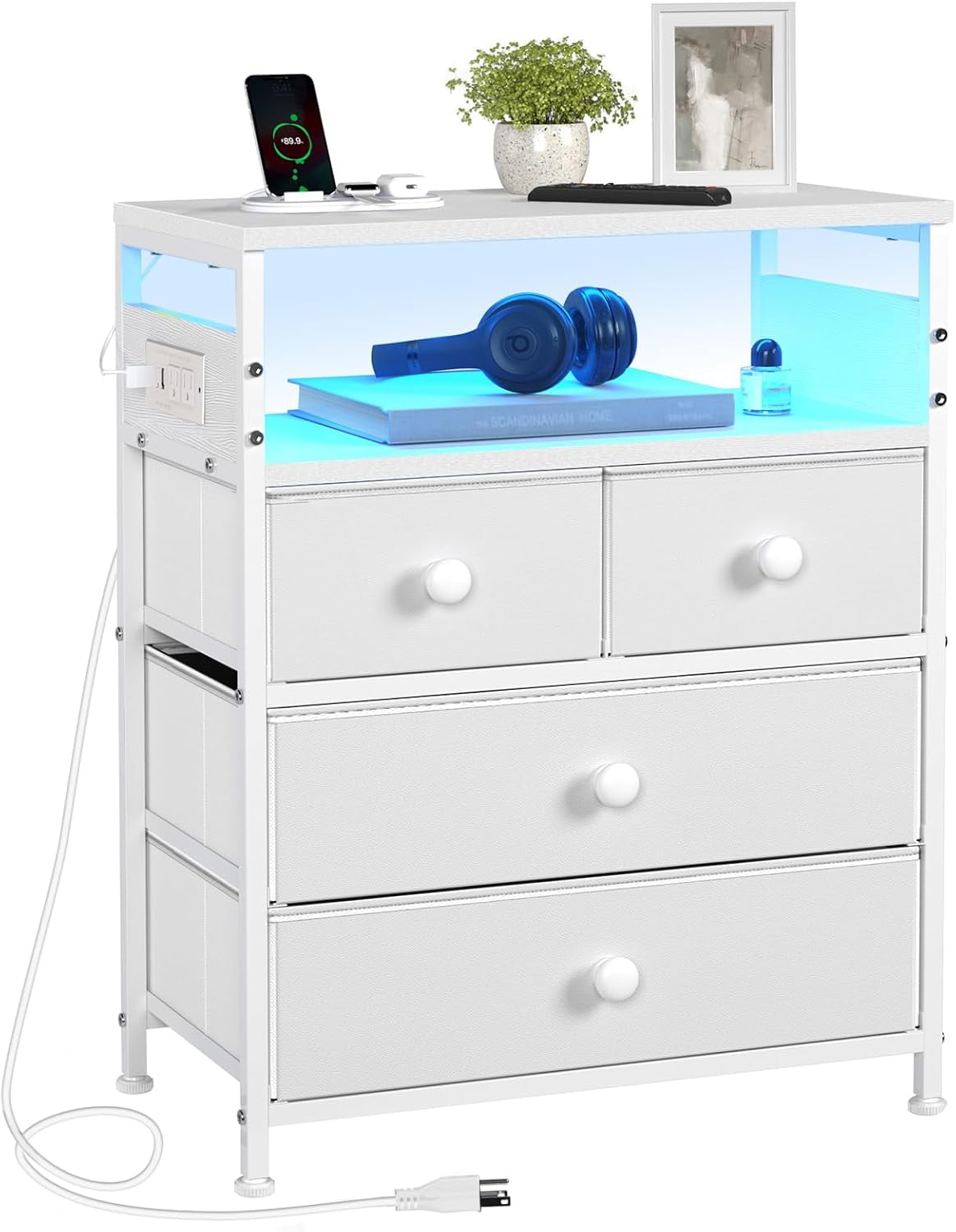 GUNAITO Nightstand with 4 Drawers Bedside Table with Charging Station and Led Lights End Table with Storage Shelf for Living Room,White