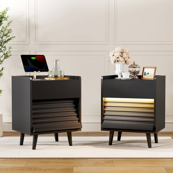 GUNAITO Nightstand with Charging Station Bedside Table with LED Light Wood Nightstand with Drawers End Table for Small Space Black 2pcs