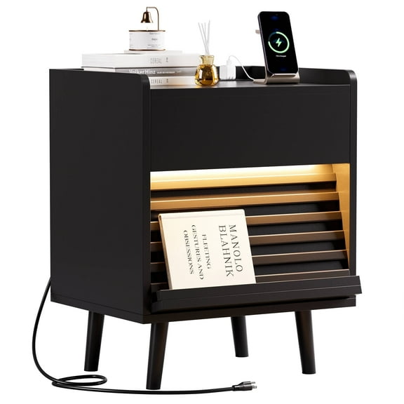 GUNAITO Nightstand with Charging Station Bedside Table with LED Light Wood Nightstand with Drawers End Table for Small Space Black 1pc