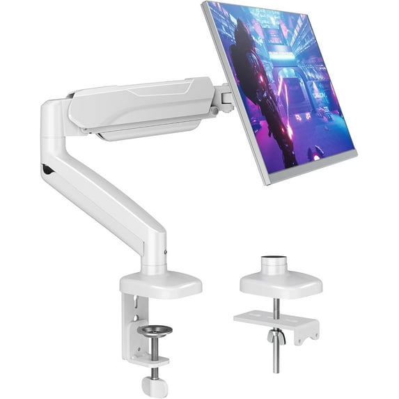 NN Single Monitor Desk Mount, Adjustable Gas Spring Monitor Arm Support Max 32 Inch Screen, Computer Monitors Stand with Clamp/Grommet Mounting Base, VESA Mounts Fit 4.4-17.6lbs Computer, White