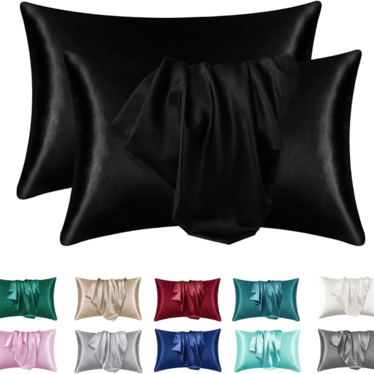 Black Satin Silk Hypoallergenic Queen Pillowcase Set
