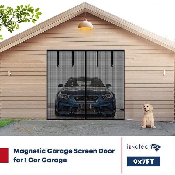 NNOTECHSC Garage Door Screen – 9 x 7 ft Heavy-Duty Fiberglass Mesh, Magnetic Self-Sealing Closure with Weighted Bottom & Reinforced Straps, Fits 1-Car Garage, Anti-Bug & Pet Friendly