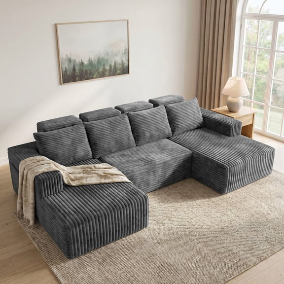 NNSNG 113" U-Shaped Sectional Sofa, Boneless Couch for Living Room, Modular Cloud Couch with Double Chaise, Deep Seat, Side Pockets, No Assembly, Gray
