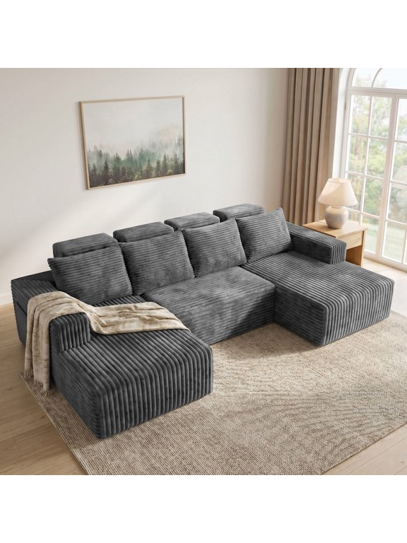 113" U-Shaped Sectional Sofa, Boneless Couch for Living Room, Modular Cloud Couch with Double Chaise, Deep Seat, Side Pockets, No Assembly, Gray