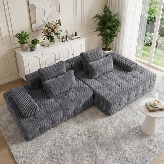 NNSNG 113"L-Shpaed Sectional Sofa,2 Seat Boneless Corduroy Floor Couch with Removable Pillowcase,High-Density Foam Sleeper Sofa,No Assembly Required,Grey