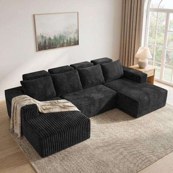 NNSNG 113" Sectional Sofa,Boneless Couch,U-Shaped Couches with Side Pocket,No Assembly Required for Living Room,Black