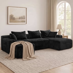 NNSNG 94" Corduroy Upholstered Boneless Couches with Right Chaise/Ottoman, U Shape Modular Sectional Sofa with Side Pocket for Living Room/Office, No Assembly,Black