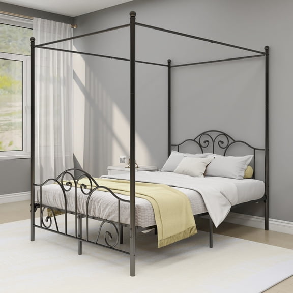 NNV Full Size Four-Poster Metal Canopy Bed Frame with Wavy Headboard and Footboard,Black