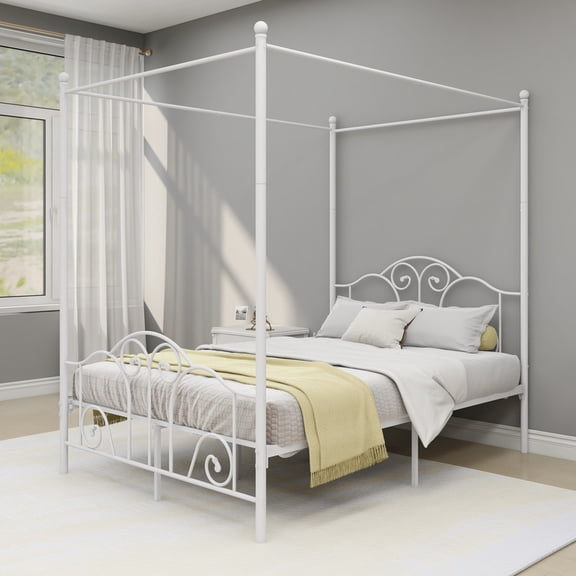 NNV Full Size Four-Poster Metal Canopy Bed Frame with Wavy Headboard and Footboard,White
