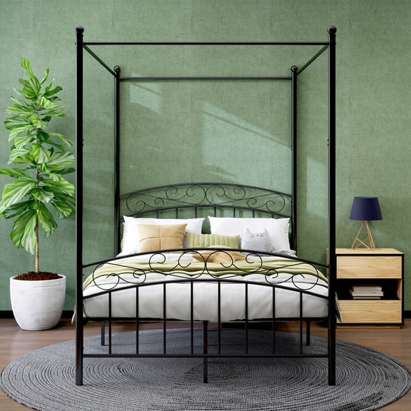 NNV Full Size Metal Canopy Bed Frame with 4 Poster & Headboard, Mattress Foundation with Sturdy Metal Slat Support, Black