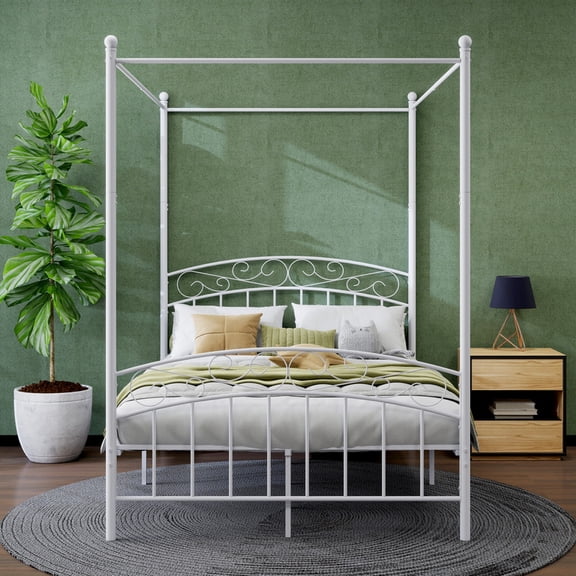NNV Full Size Metal Canopy Bed Frame with 4 Poster & Headboard, Mattress Foundation with Sturdy Metal Slat Support, White