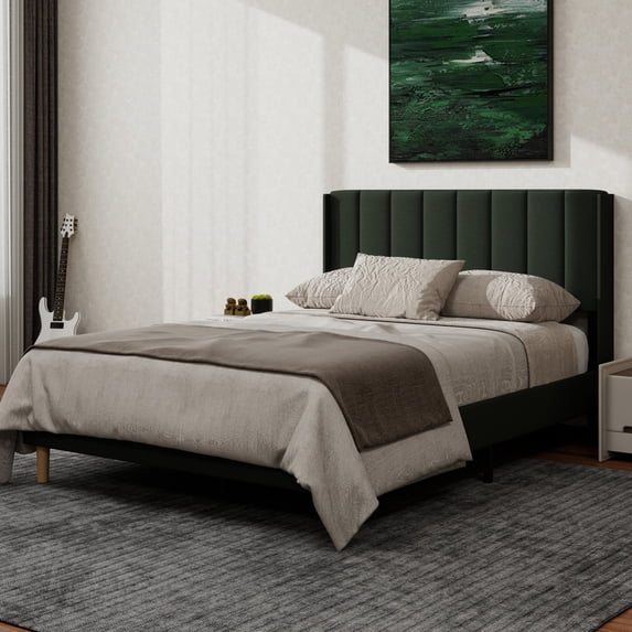 NNV Full Upholstered Platform Bed with Vertical Channel Tufted Headboard,Wooden Slats Support,Black Linen