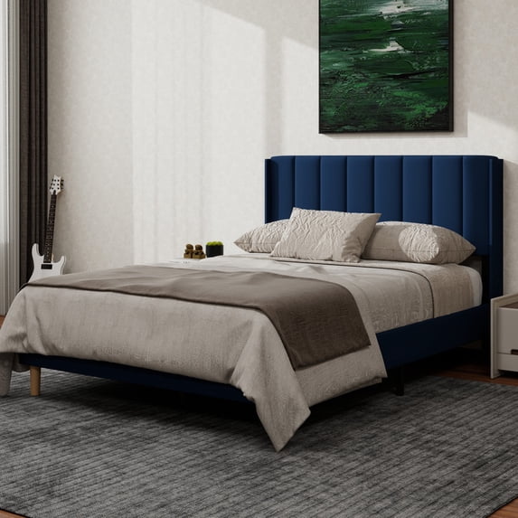 NNV Full Upholstered Platform Bed with Vertical Channel Tufted Headboard,Wooden Slats Support,Blue Velvet