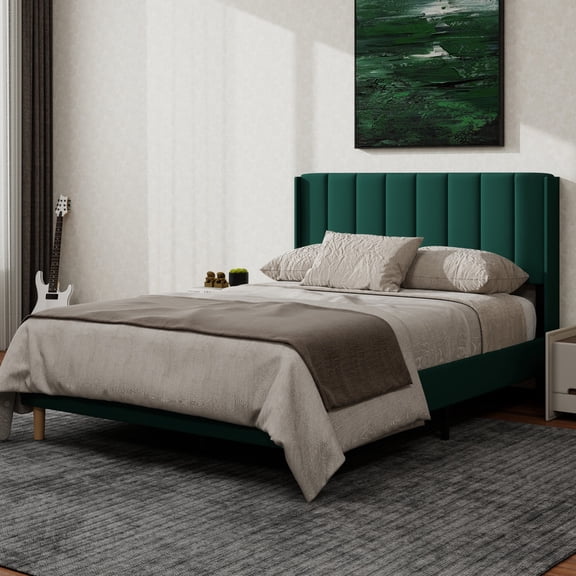 NNV Full Upholstered Platform Bed with Vertical Channel Tufted Headboard,Wooden Slats Support,Green Velvet
