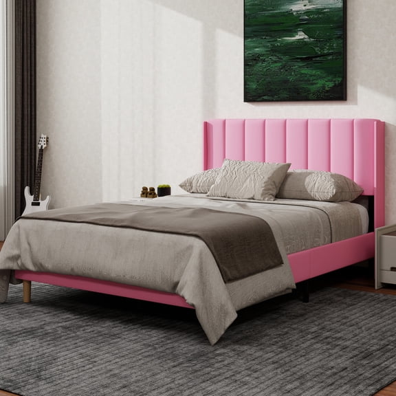 NNV Full Upholstered Platform Bed with Vertical Channel Tufted Headboard,Wooden Slats Support,Pink Velvet