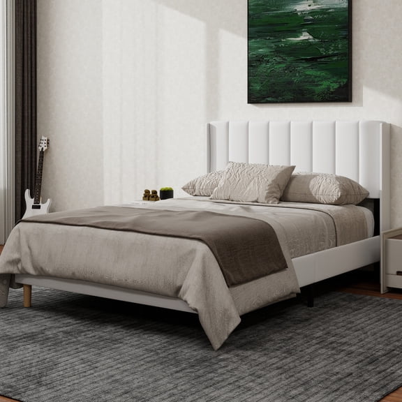 NNV Full Upholstered Platform Bed with Vertical Channel Tufted Headboard,Wooden Slats Support,White Linen