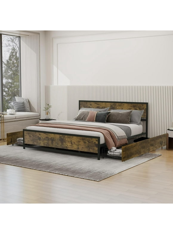NNV King Size Metal Platform Bed Frame with 4 Drawers for Adults, Wooden Headboard, Rustic Brown