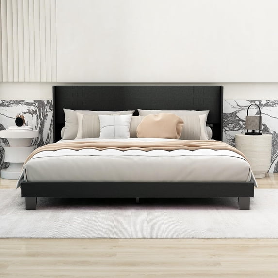 NNV King Size Platform Bed Frame with Linen Upholstered Wingback Headboard for Adults, Black