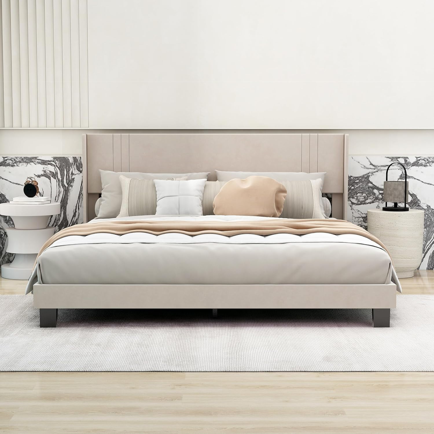 NNV King Size Platform Bed Frame with Velvet Upholstered Wingback