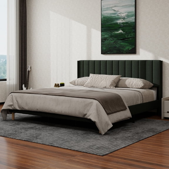 NNV King Upholstered Platform Bed with Vertical Channel Tufted Headboard,Wooden Slats Support,Black Linen