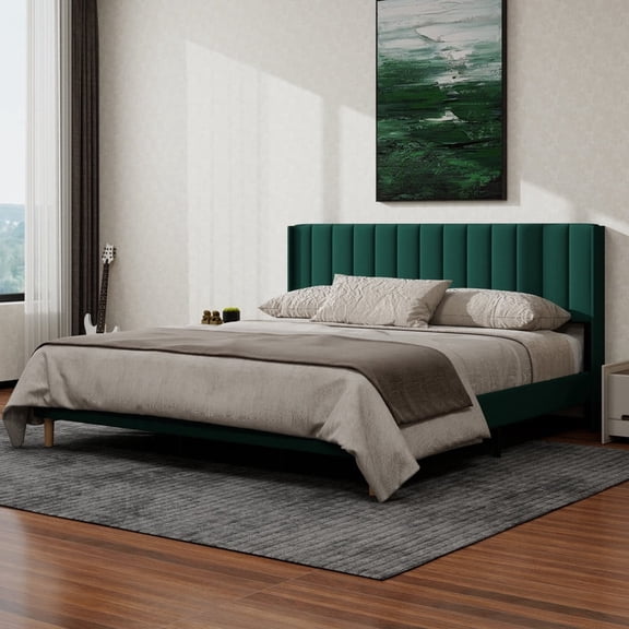 NNV King Green Velvet Platform Bed with Vertical Channel Tufted Headboard & Wooden Slats