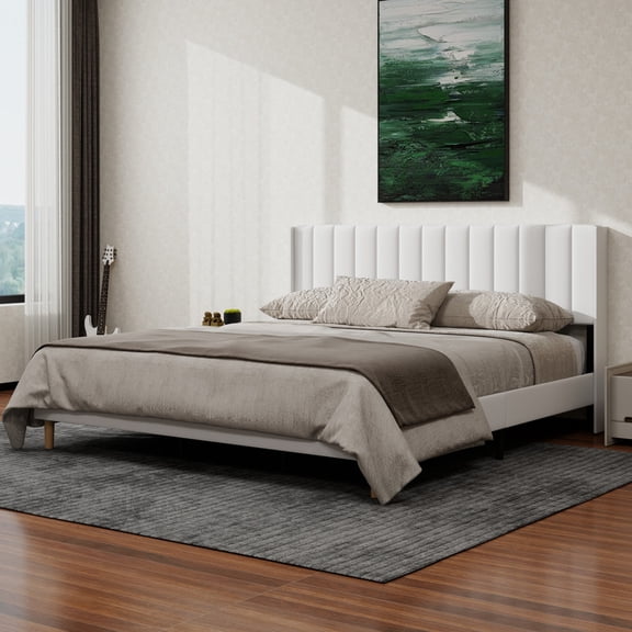 NNV King Upholstered Platform Bed with Vertical Channel Tufted Headboard,Wooden Slats Support,White Linen