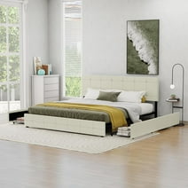 NNV Linen Upholstered King Size Platform Bed Frame with 4 Storage Drawers, Beige