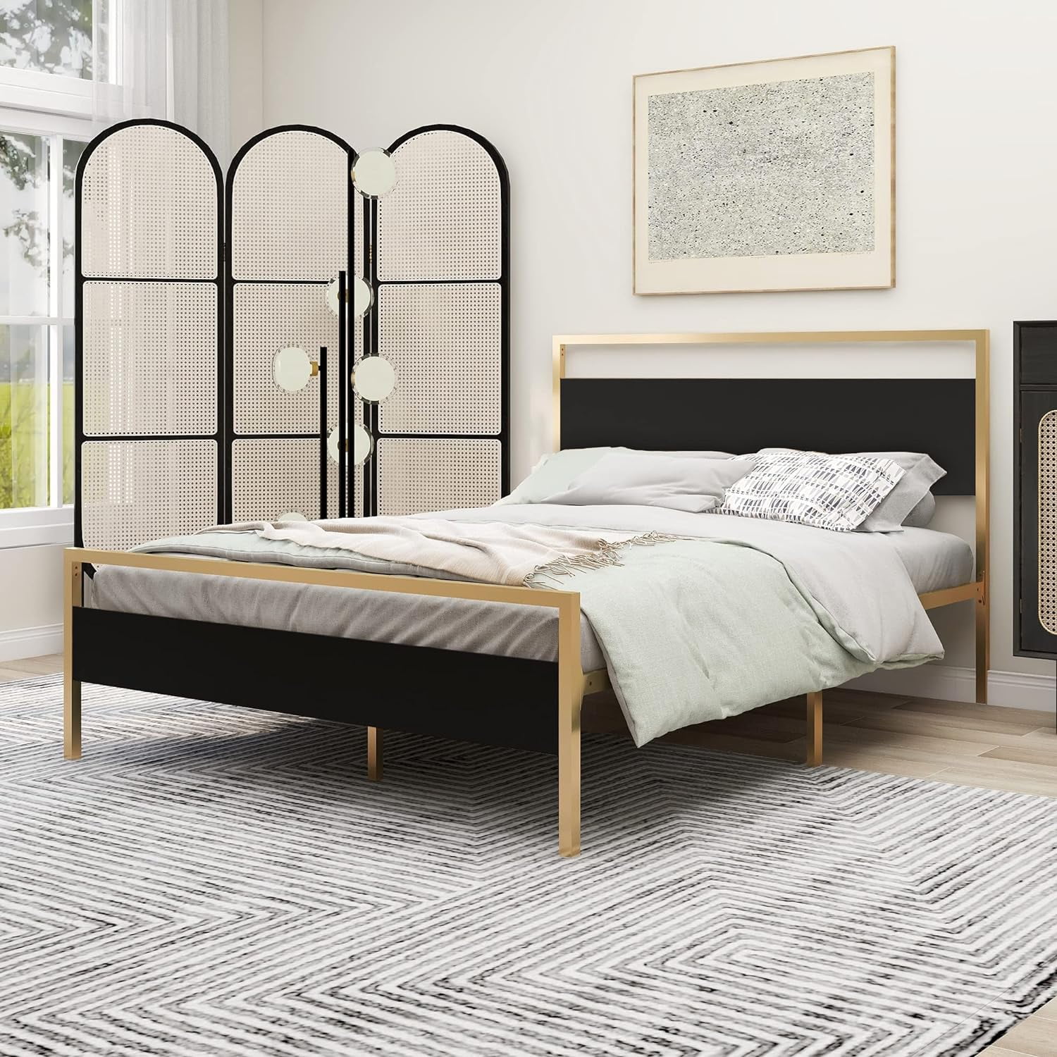 NNV Metal Platform Queen Size Bed Frame with Wooden Headboard, Sturdy for Adults, Gold