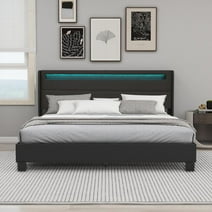 NNV Modern King Size Upholstered Platform Bed Frame with LED Lights, Black
