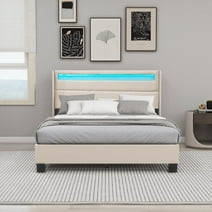 NNV Modern Queen Size Upholstered Platform Bed Frame with LED Lights, Beige