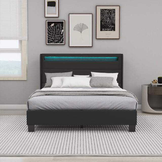 NNV Modern Queen Size Upholstered Platform Bed Frame with LED Lights ...